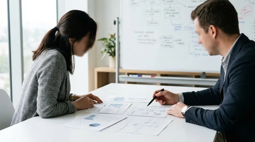 Two marketing professionals reviewing a B2B digital campaign strategy plan, representing Aristral's LinkedIn ABM and defence-sector marketing work in Portsmouth