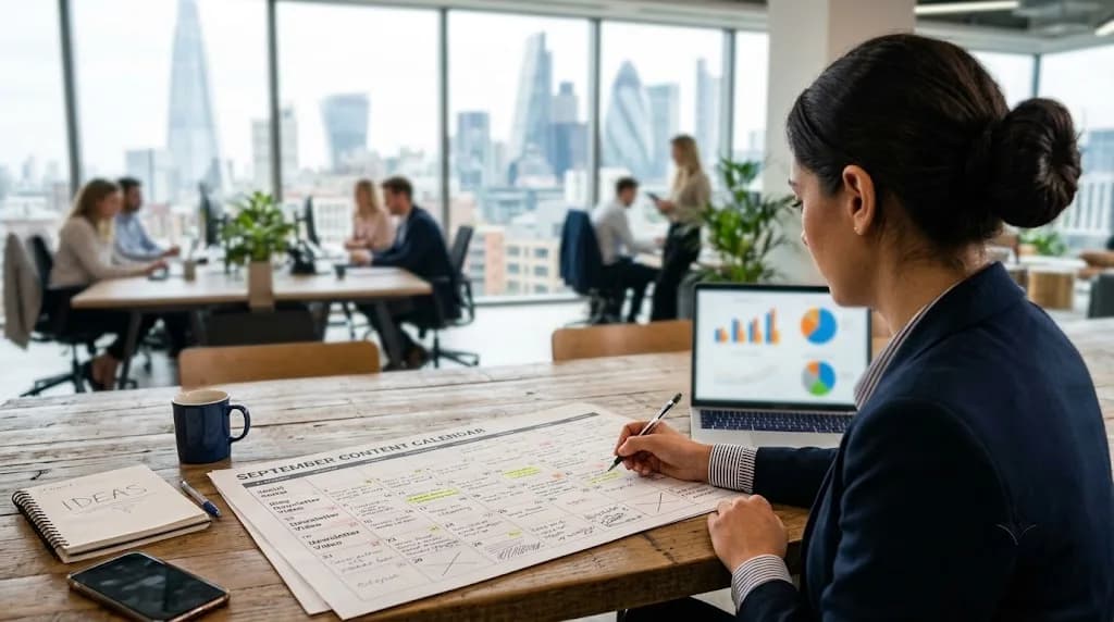 Marketing strategist reviewing a content plan for a Salford media business in a modern office with urban skyline view
