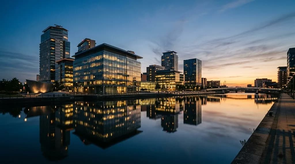 MediaCityUK waterfront at dusk in Salford, representing Aristral's digital marketing work for Salford's media and creative businesses
