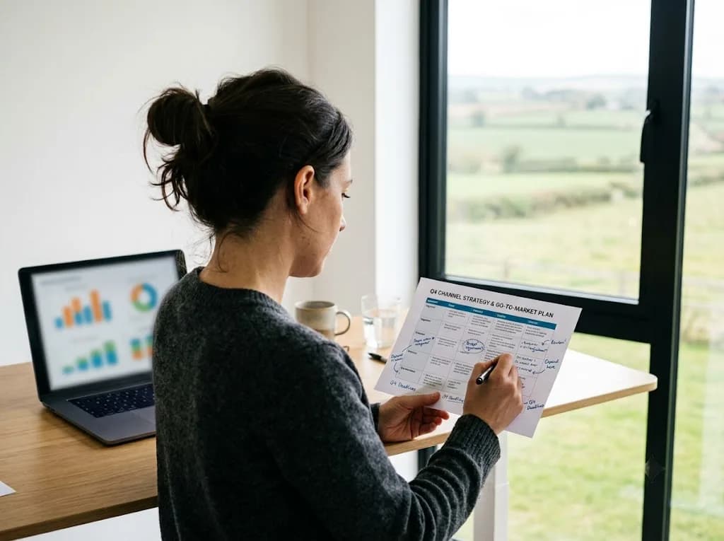 Marketing strategist reviewing a B2B channel plan for a Salisbury defence sector business in a bright office