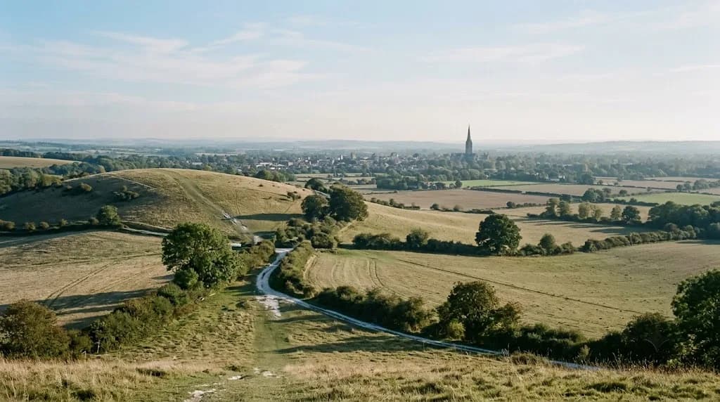Salisbury Cathedral spire rising above the Wiltshire countryside, representing Aristral's digital marketing work for Salisbury businesses
