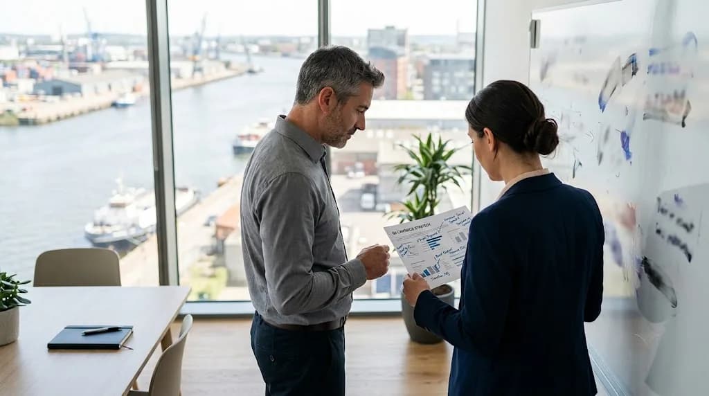 Two professionals reviewing a B2B digital marketing campaign plan in a Southampton office with a waterway visible through the window