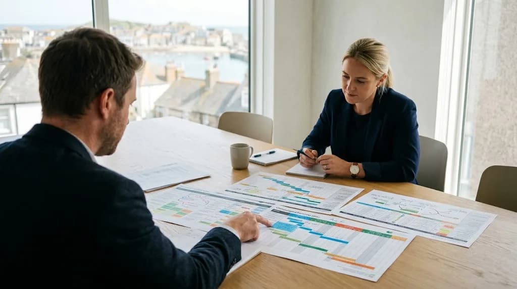 Two marketing strategists reviewing a seasonal campaign plan for a Southend-on-Sea business in a bright meeting room