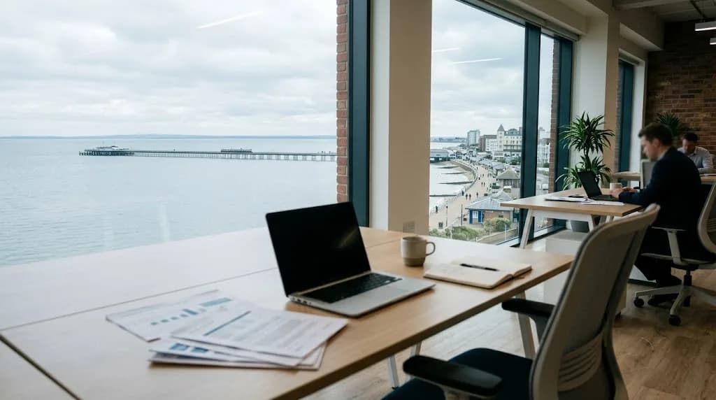 Southend-on-Sea seafront and pier viewed from a professional workspace, representing Aristral's digital marketing work for Southend businesses