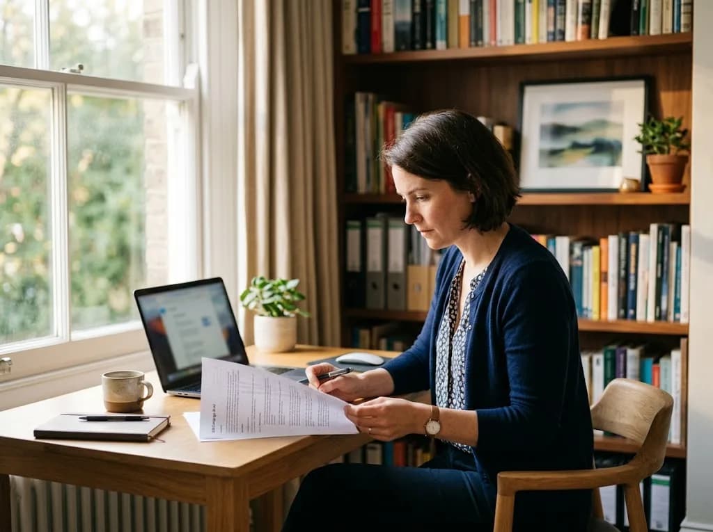 Professional reviewing a B2B LinkedIn campaign brief for a St Albans business at a home office desk