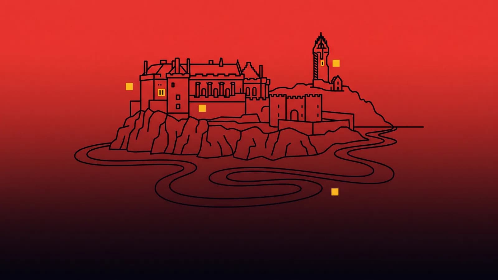 Digital marketing agency Stirling: line illustration of Stirling Castle on its crag with the Wallace Monument and the River Forth, with yellow accent blocks marking campaign touchpoints