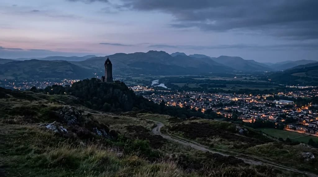 Stirling valley at dusk with the Wallace Monument on its crag, representing Aristral's digital marketing work for Stirling businesses