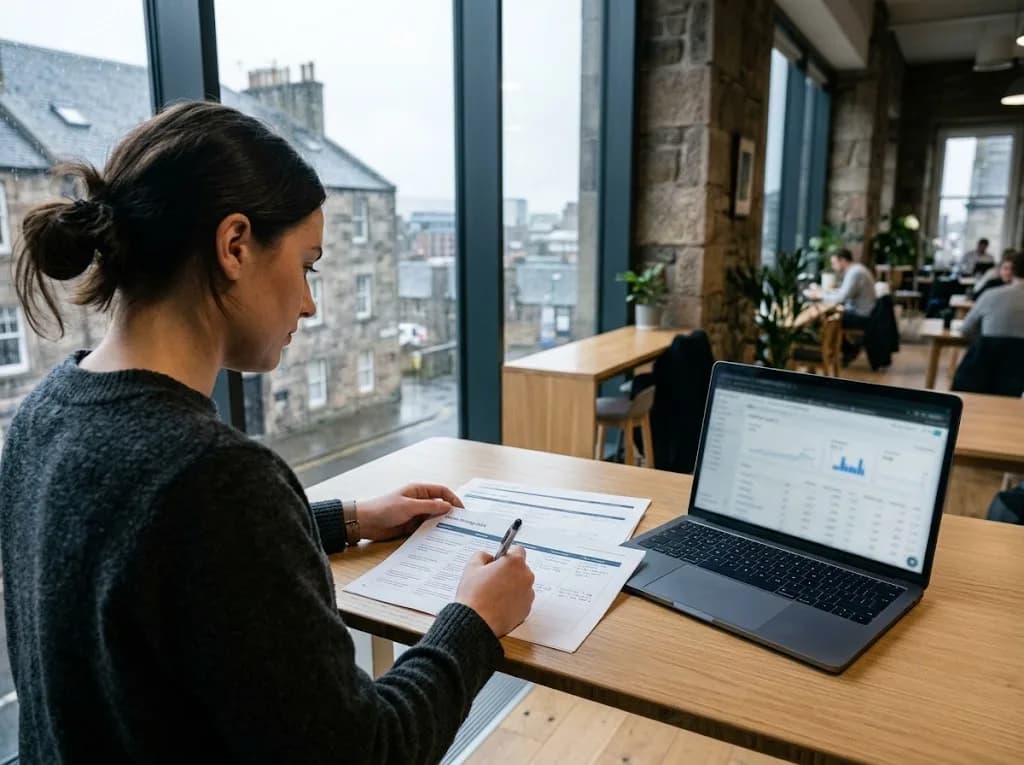Marketing strategist reviewing an SEO and content plan for a Stirling business in a Scottish co-working space