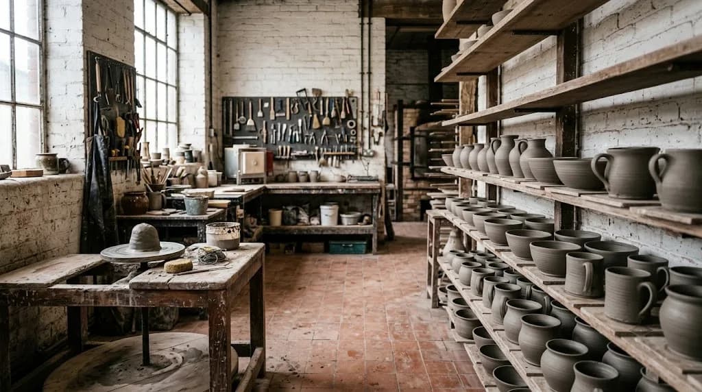Traditional ceramics workshop interior in Stoke-on-Trent representing Aristral's digital marketing work for local manufacturing and D2C brands