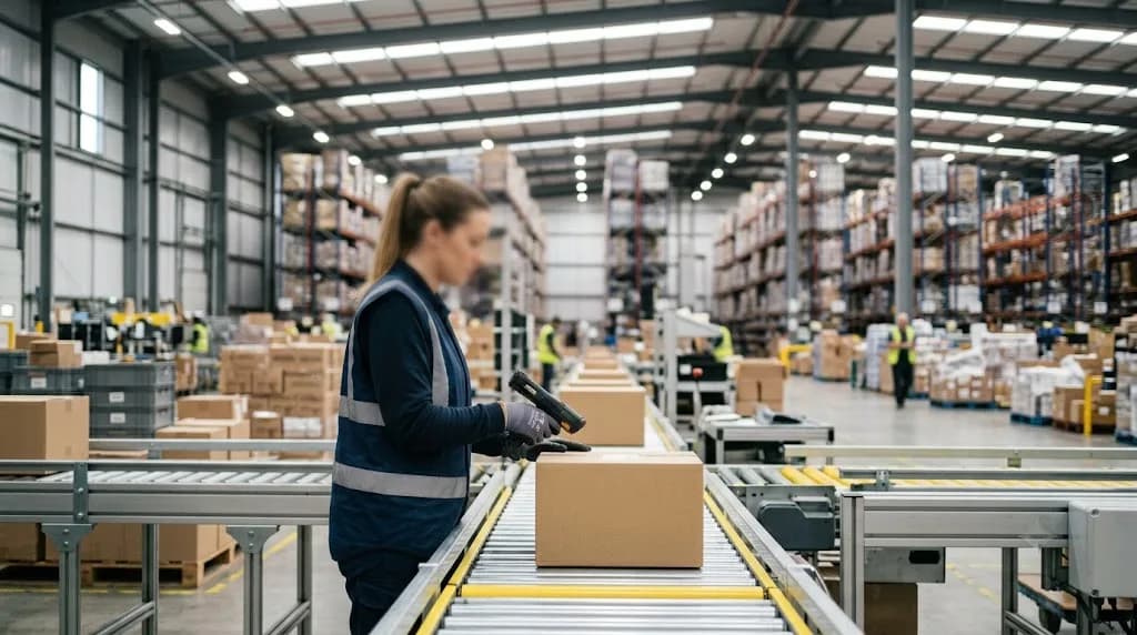 Fulfilment worker scanning parcels in a Stoke-on-Trent distribution warehouse representing digital marketing services for logistics businesses