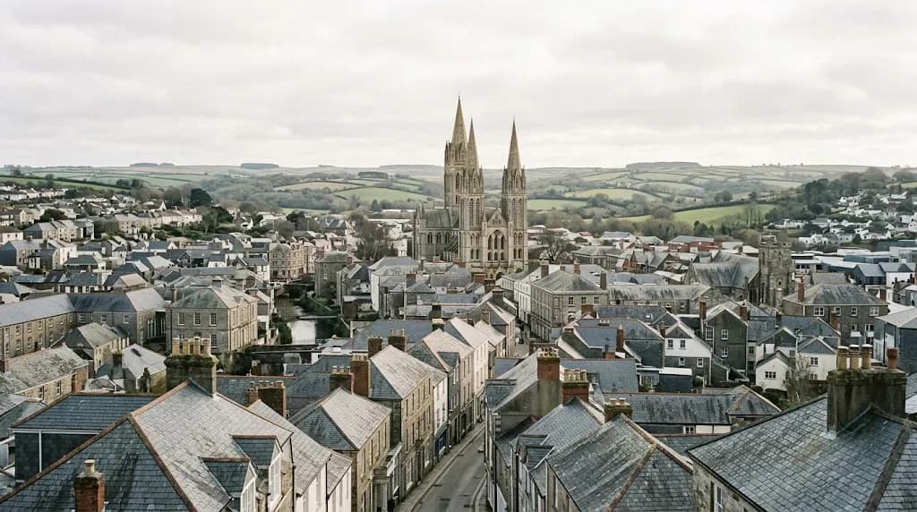 Truro city rooftops and Cornish countryside horizon representing Aristral's digital marketing services for Truro and Cornwall businesses