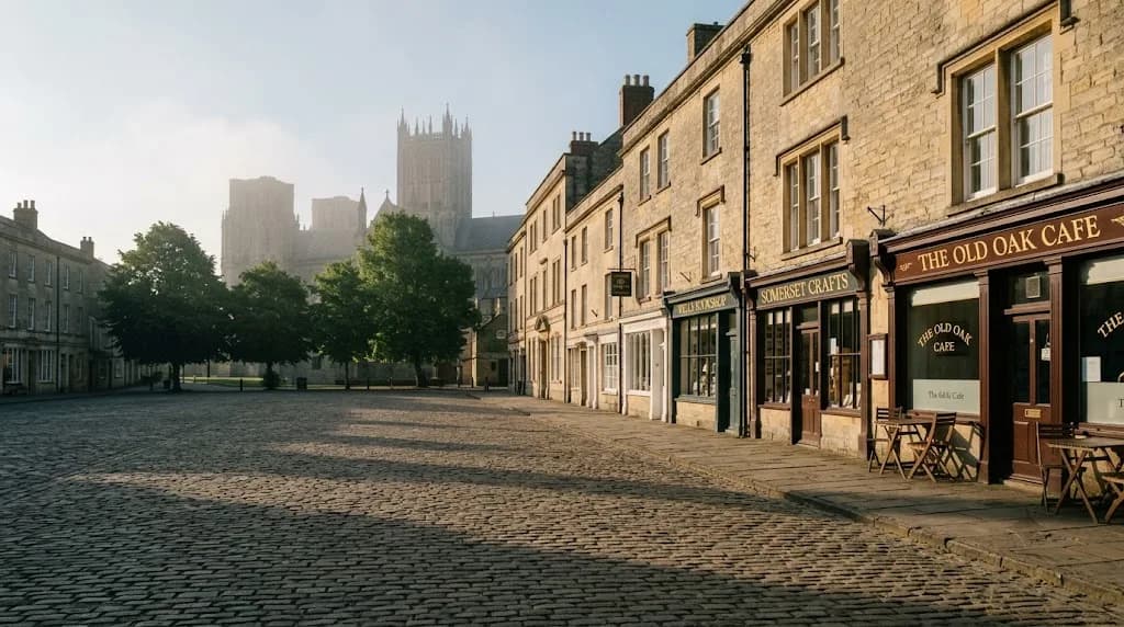 Wells Somerset market square at early morning showing independent shops and the cathedral silhouette representing digital marketing for Wells visitor-economy businesses