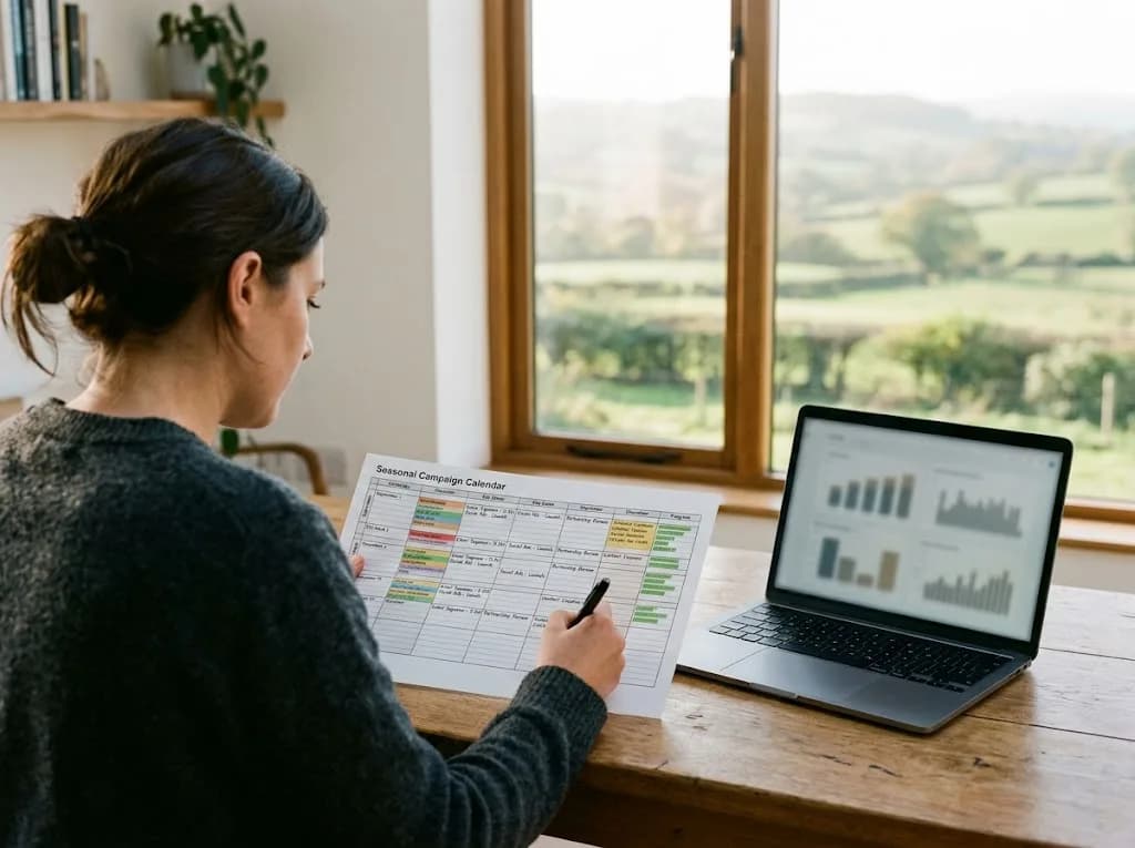 Marketing strategist reviewing a seasonal paid social and local SEO campaign plan for a Wells Somerset hospitality business