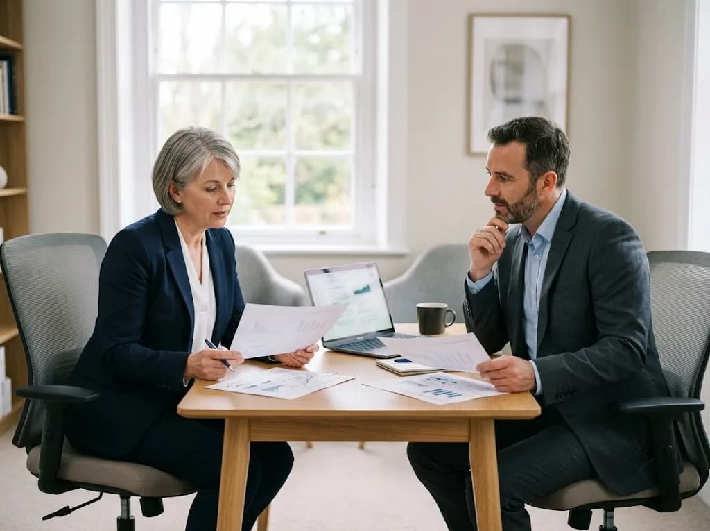 Two professionals reviewing a digital marketing strategy document in a Winchester office setting