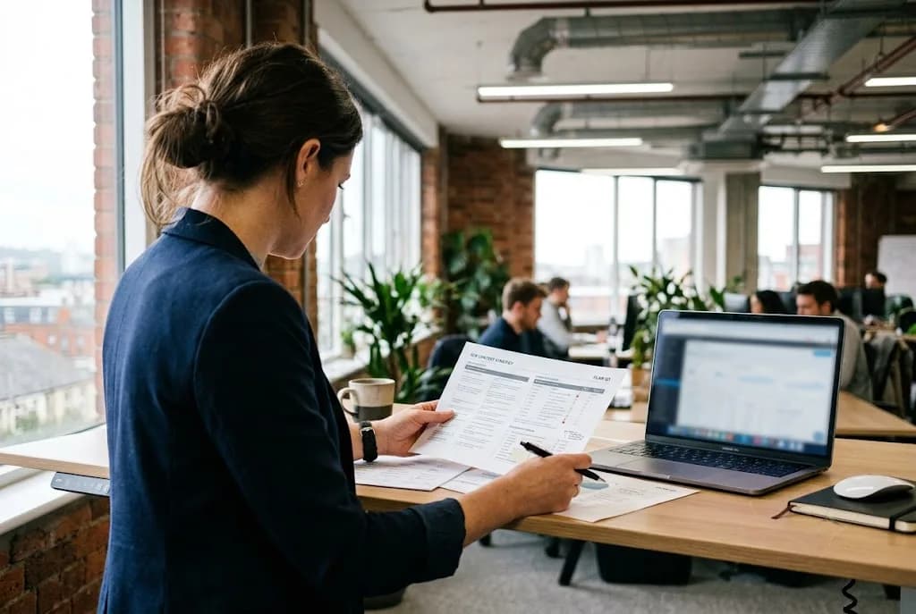 Marketing strategist reviewing a B2B SEO and content plan for a Worcester business