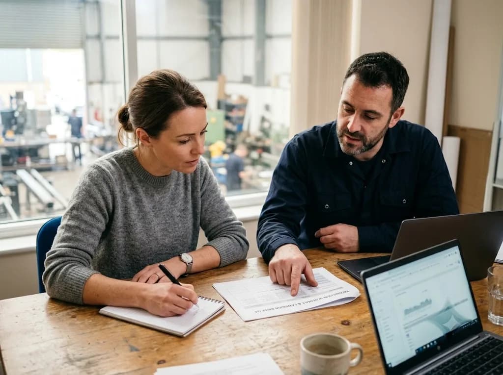 Two professionals reviewing a B2B digital marketing strategy brief for a Wrexham manufacturing business