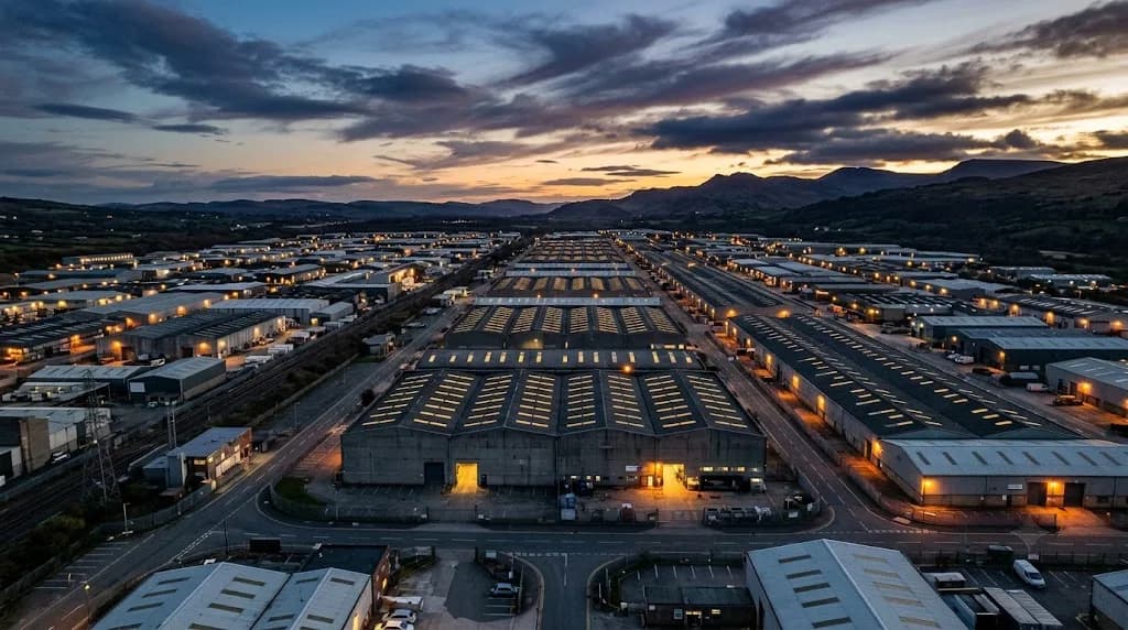 North Wales industrial estate at dusk representing Aristral's digital marketing work for Wrexham manufacturing and B2B businesses