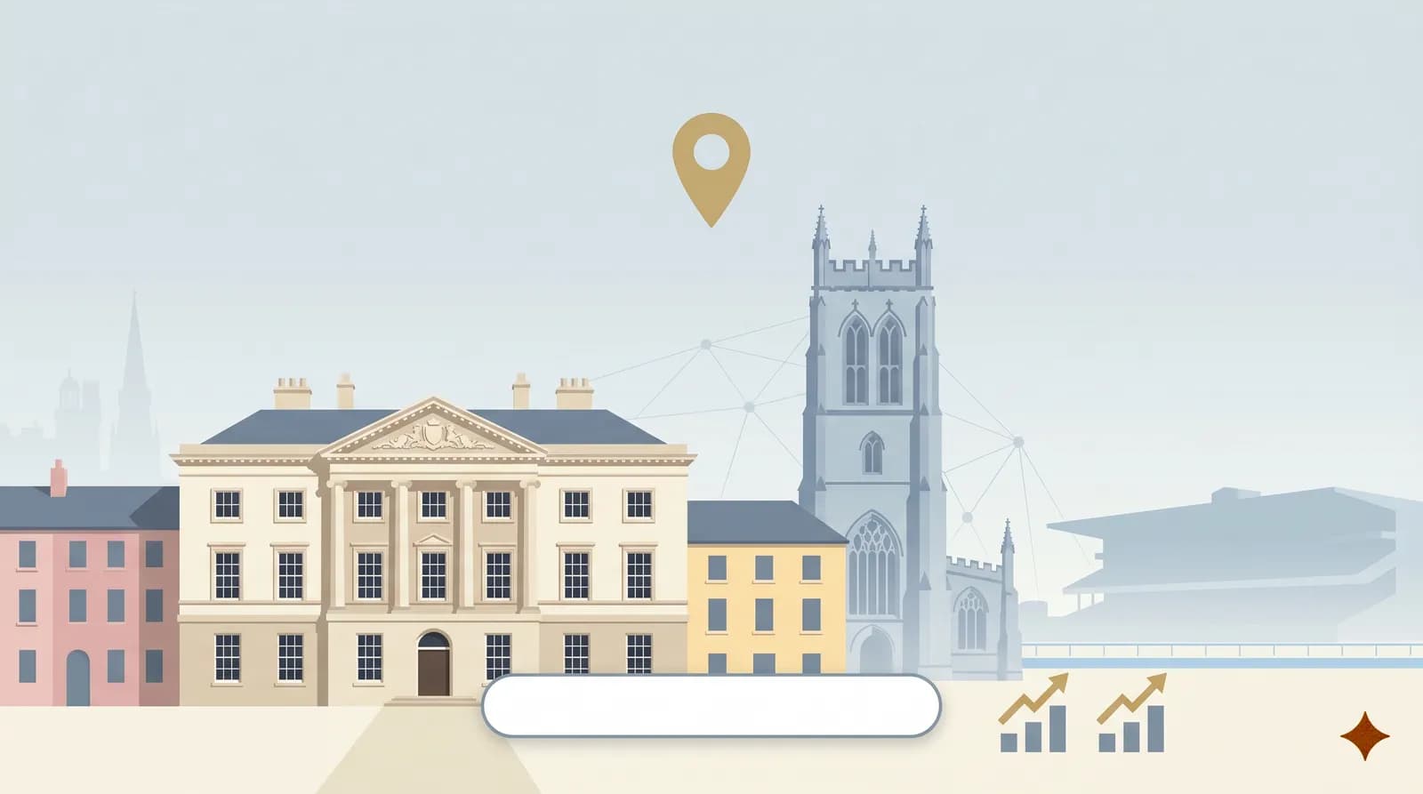 Flat vector illustration of Doncaster Minster's Gothic Revival tower with search ranking bar charts and a gold location pin, representing SEO services in Doncaster.