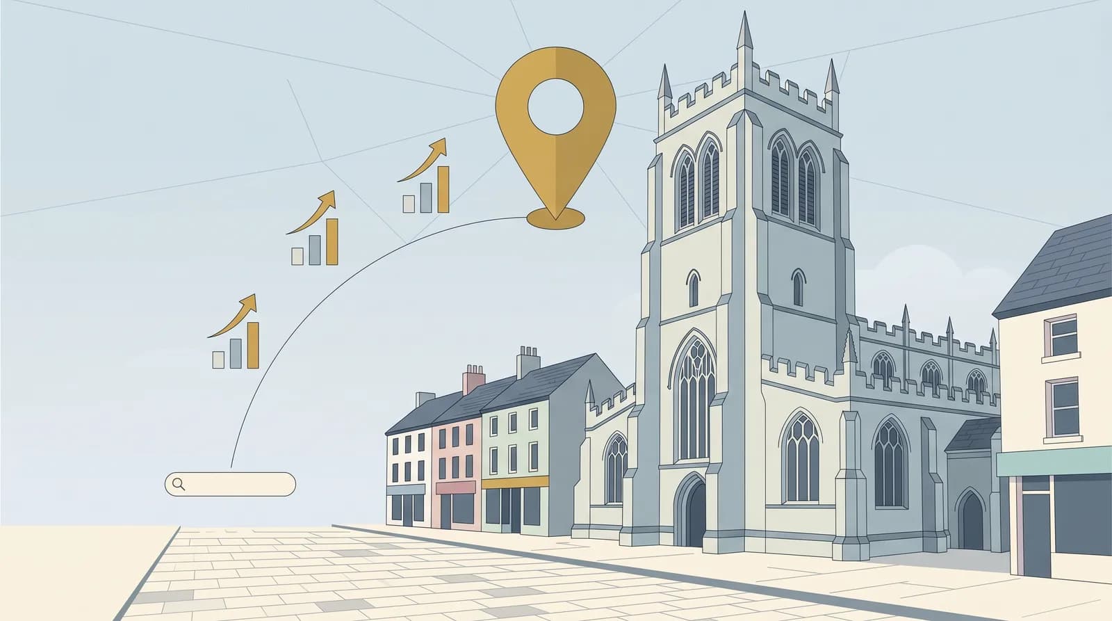 Street-level vector illustration of the Mansion House in Doncaster with digital marketing motifs and upward-trending organic traffic charts, representing local search visibility for Doncaster businesses.
