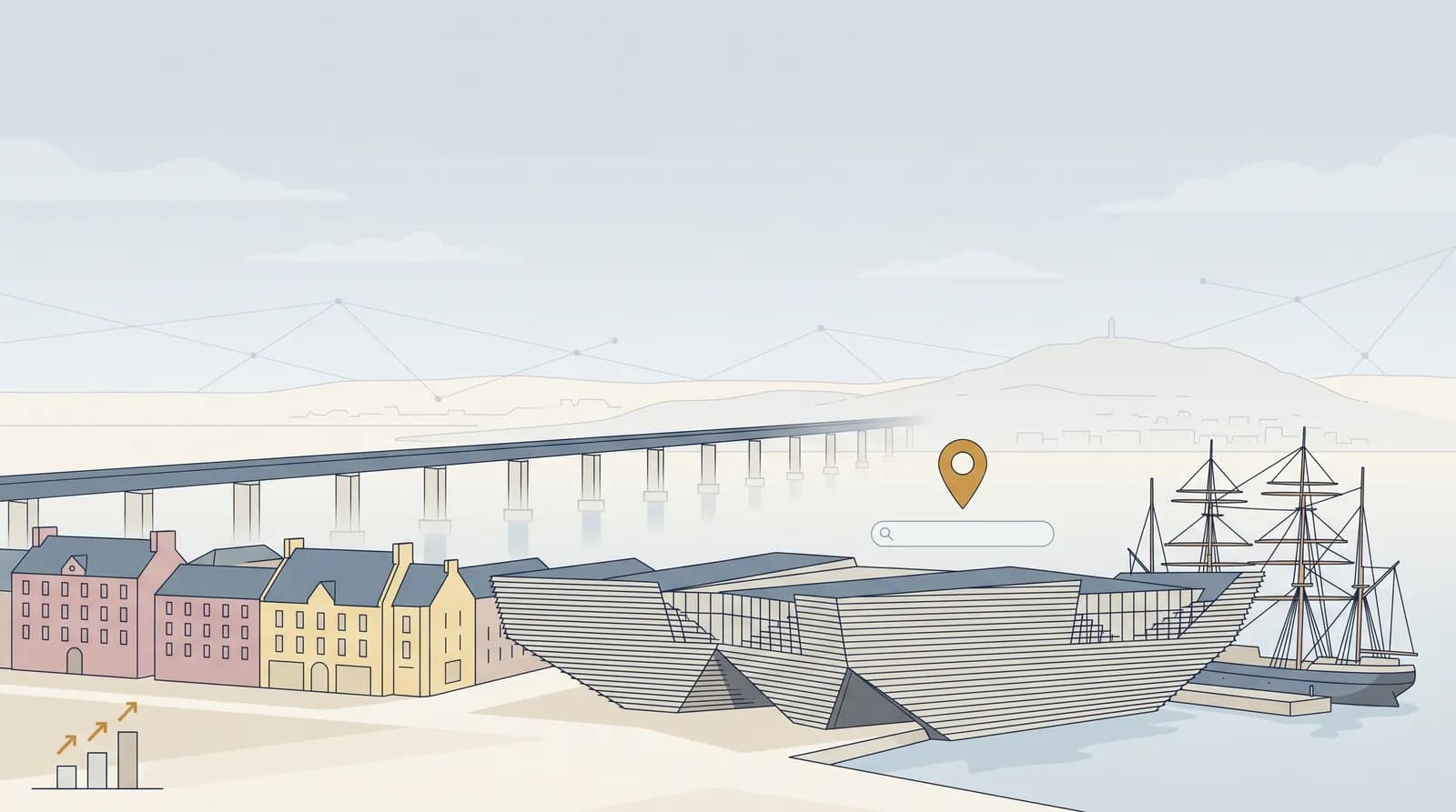 Flat vector illustration of Dundee waterfront showing the V&A museum angular facade, the RRS Discovery ship, and the Tay Rail Bridge, with SEO-themed digital motifs including a gold location pin and upward bar chart arrows in pale blue sky.