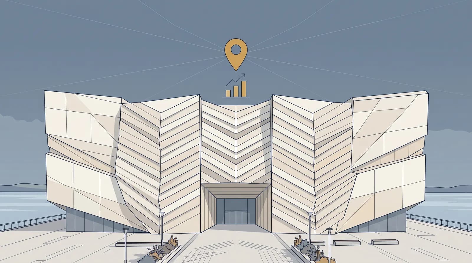 Street-level vector illustration of Dundee's V&A museum with a single gold location pin above the entrance and faint network connection lines representing local search signals against an overcast Scottish sky.