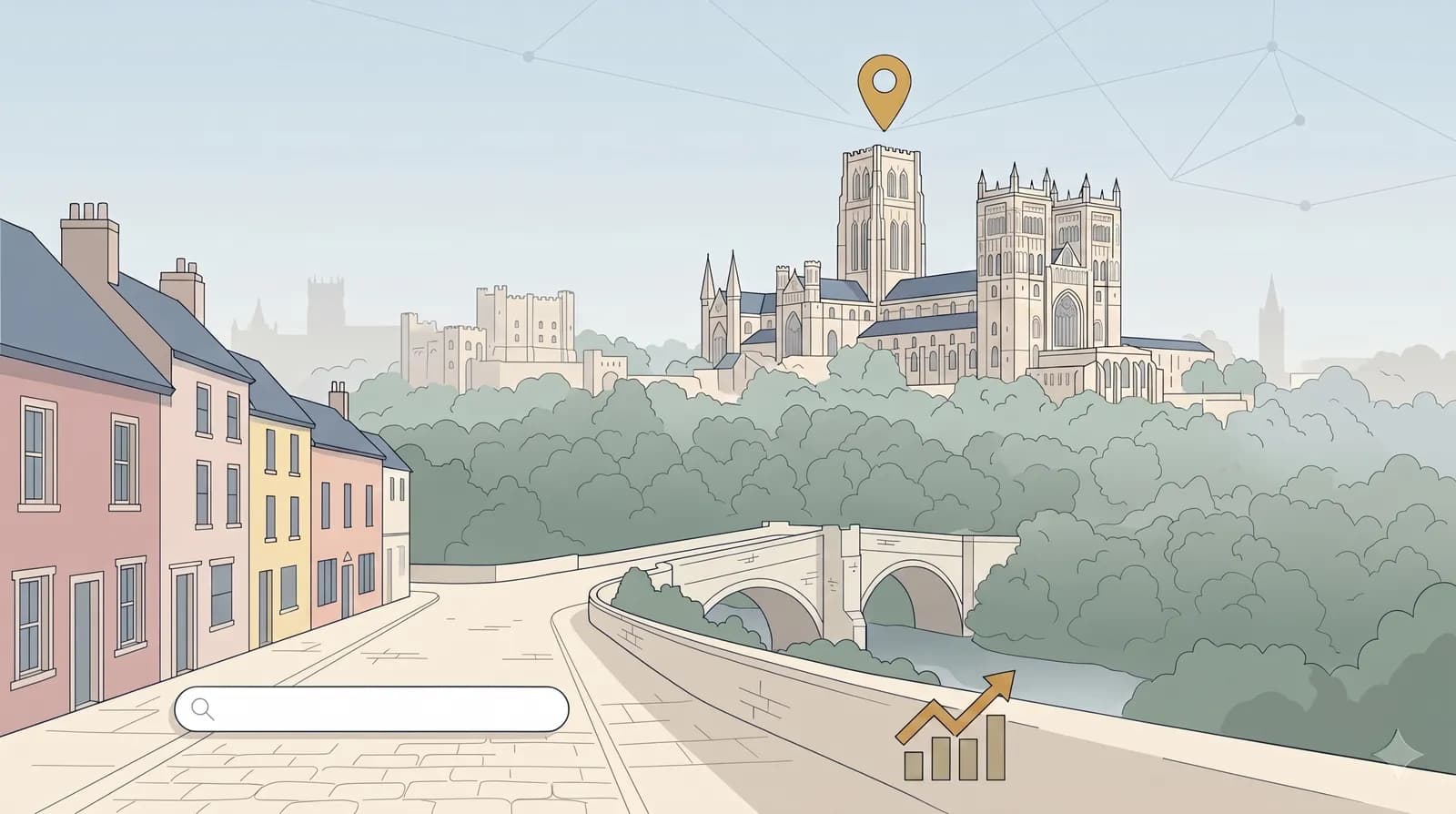 Flat vector illustration of Durham Cathedral and the River Wear gorge with SEO bar chart motifs and a gold map location pin in the foreground.