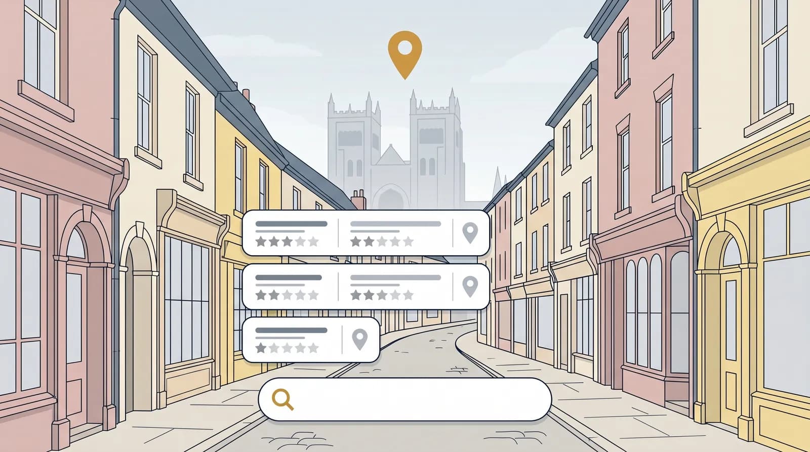 Vector illustration of cobbled Saddler Street in Durham with a rounded search bar element and map pack result cards integrated into the scene, illustrating local SEO for Durham businesses.