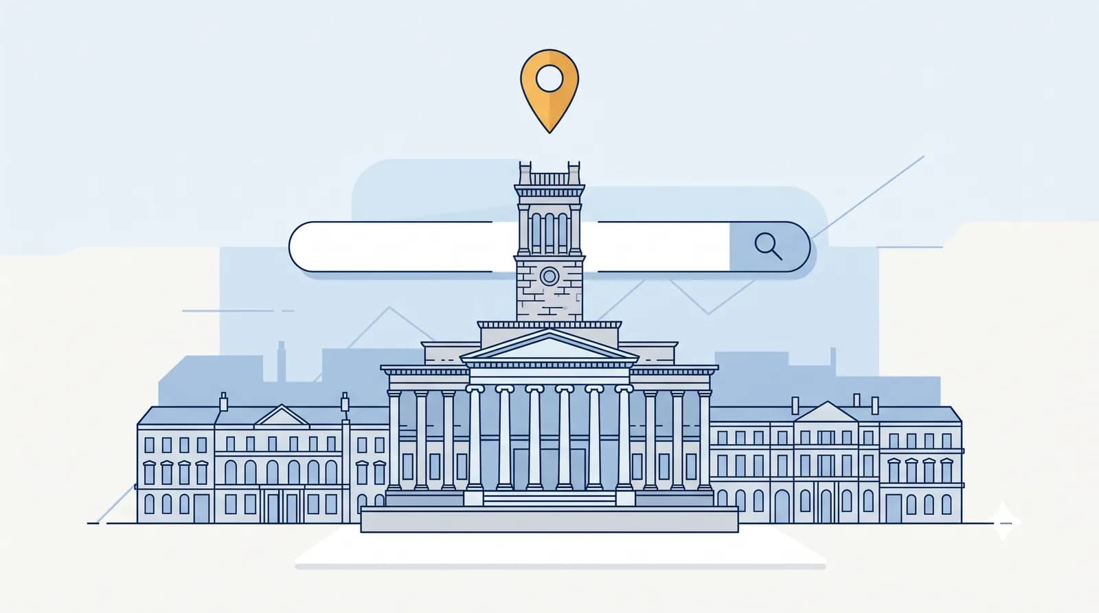 Illustrated Preston skyline with Harris Museum and a local search map pin