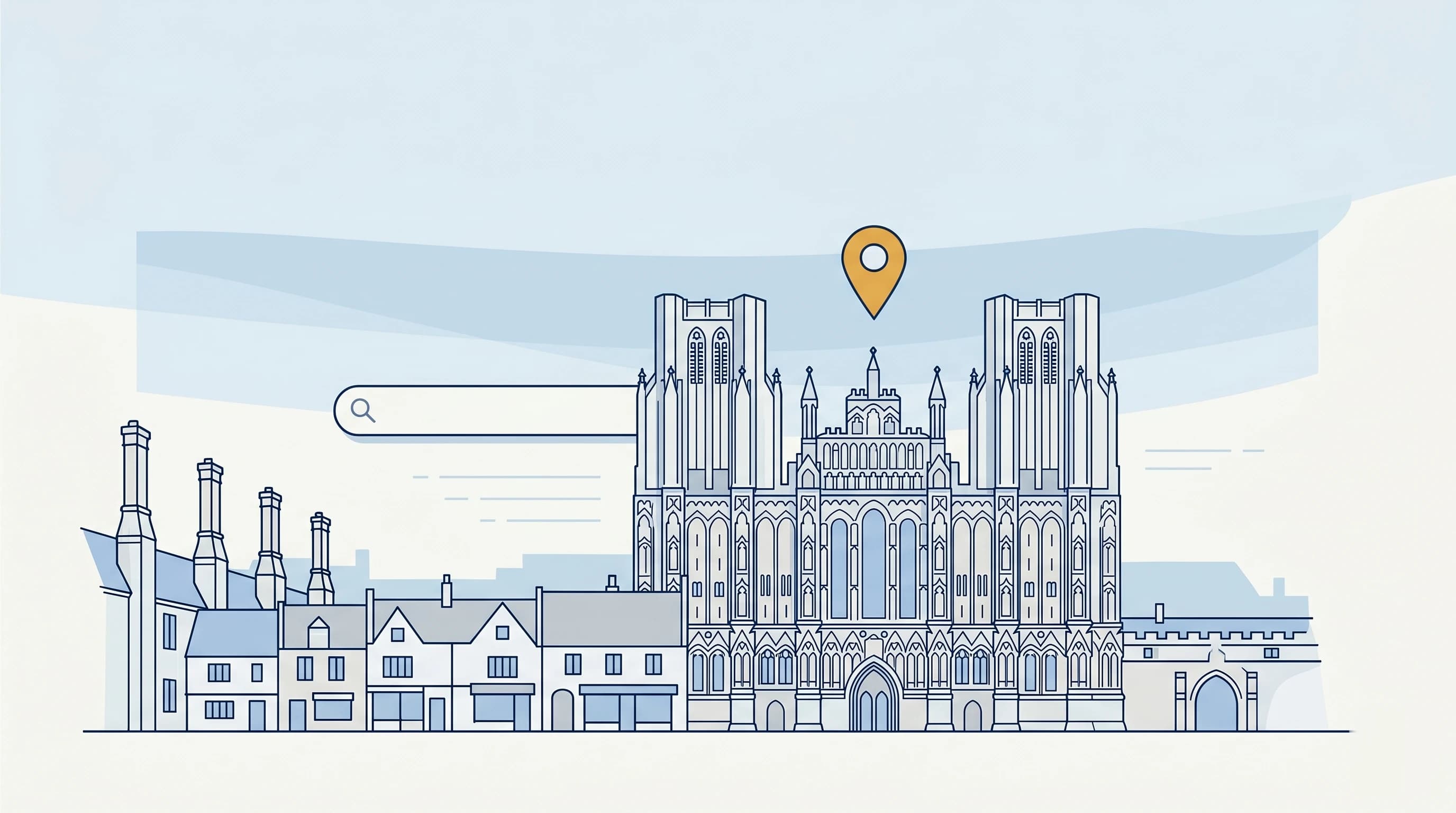 Illustrated Wells skyline with the cathedral West Front, medieval stone shops, Vicars' Close chimneys and a local search map pin