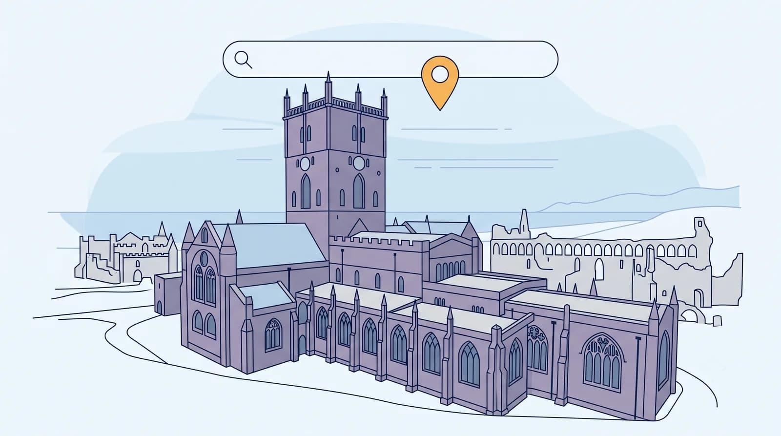 Illustrated St Davids Cathedral and Bishop's Palace with a local search map pin