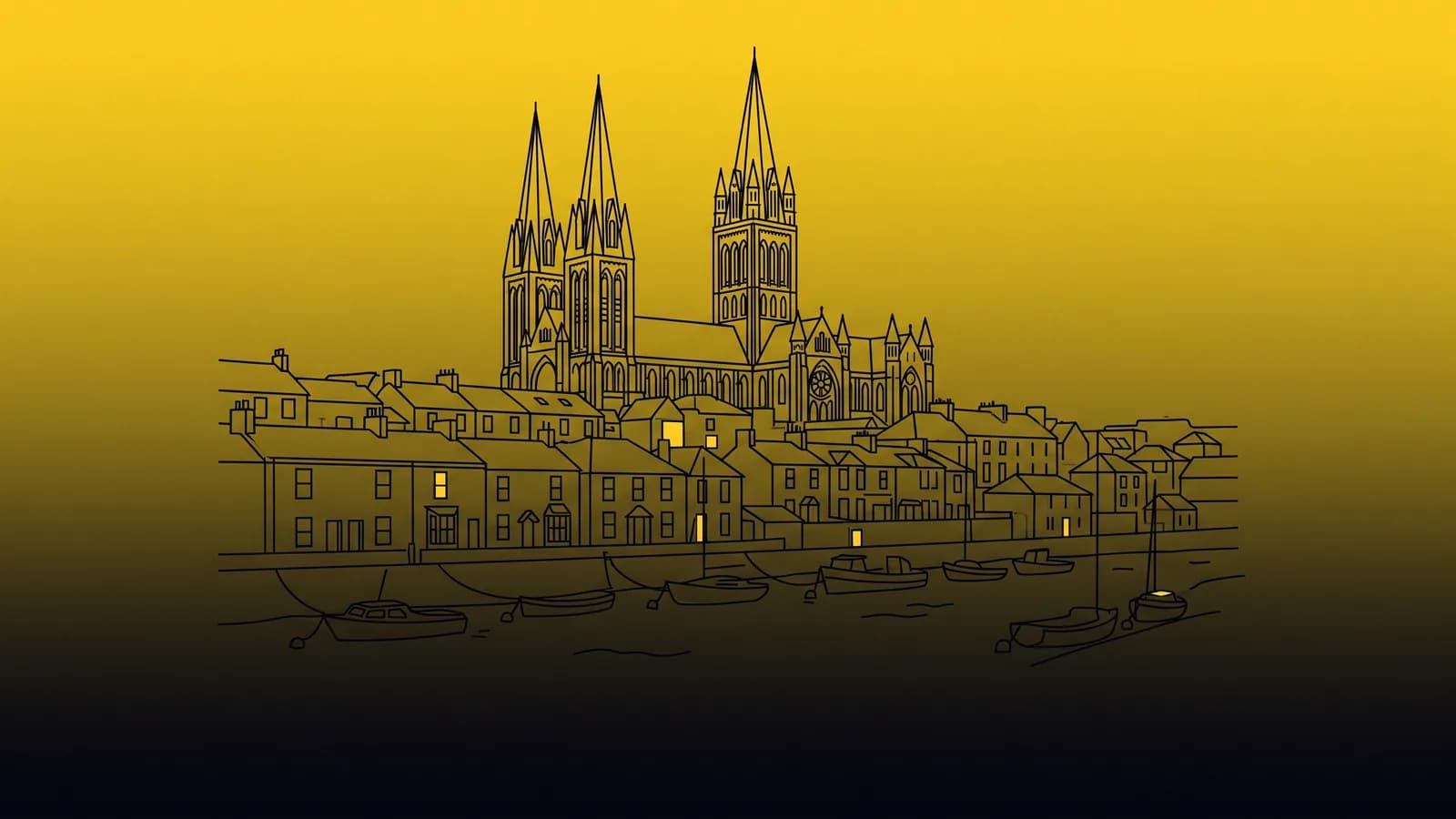 Local SEO Truro: Truro Cathedral's three spires above the town and the Truro River, with a local search map pin