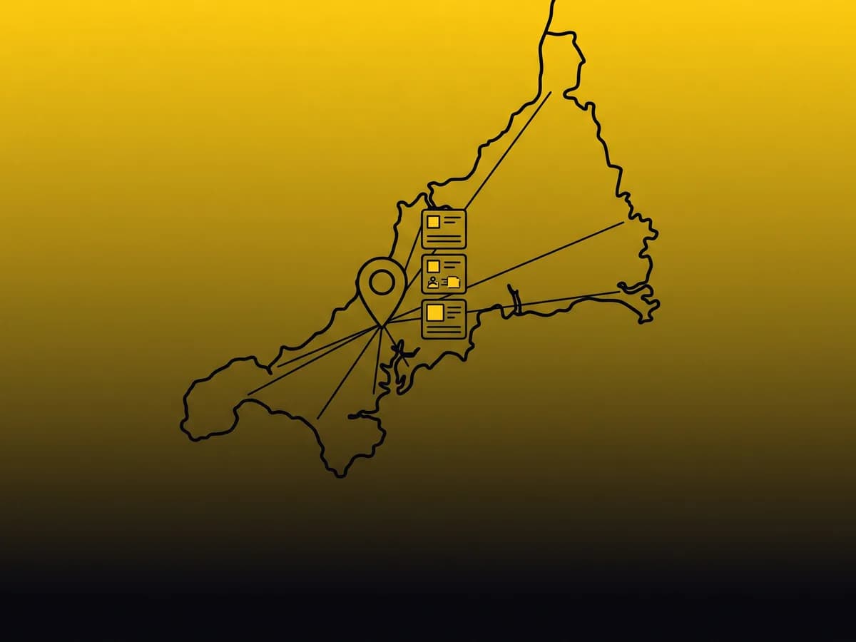 Truro and Cornwall map pack: a Cornwall outline with a pin on Truro and three local search result cards
