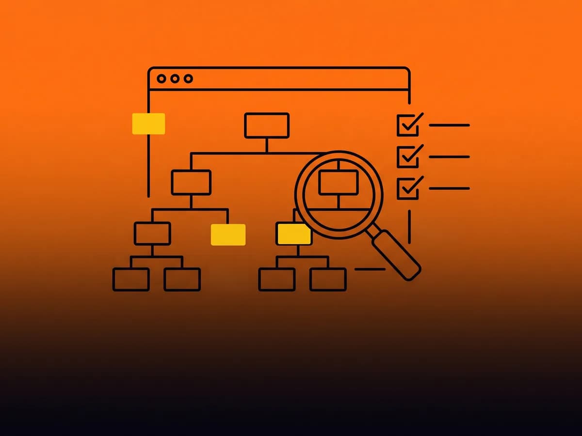 Newcastle technical SEO audit: a browser window, sitemap tree and checklist