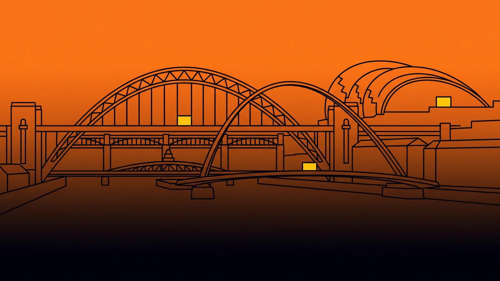 SEO services Newcastle upon Tyne: the Tyne Bridge, Millennium Bridge and Quayside with yellow accent blocks