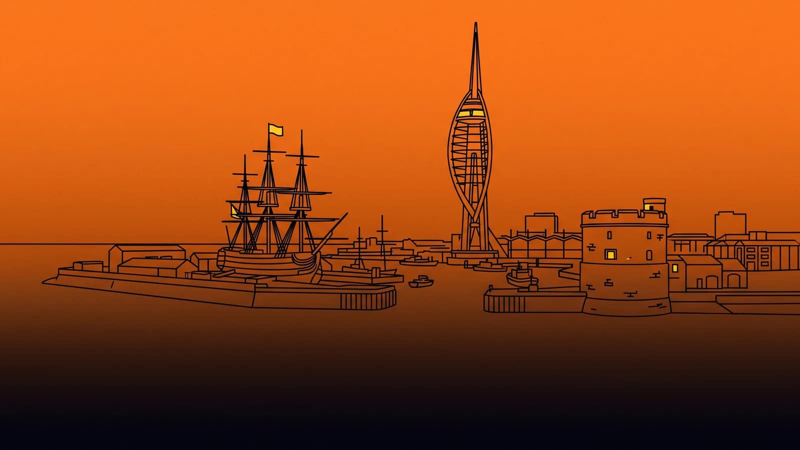 SEO services Portsmouth: line illustration of the Spinnaker Tower, HMS Victory's masts and the Round Tower at Portsmouth Harbour, with yellow accent blocks marking search rankings