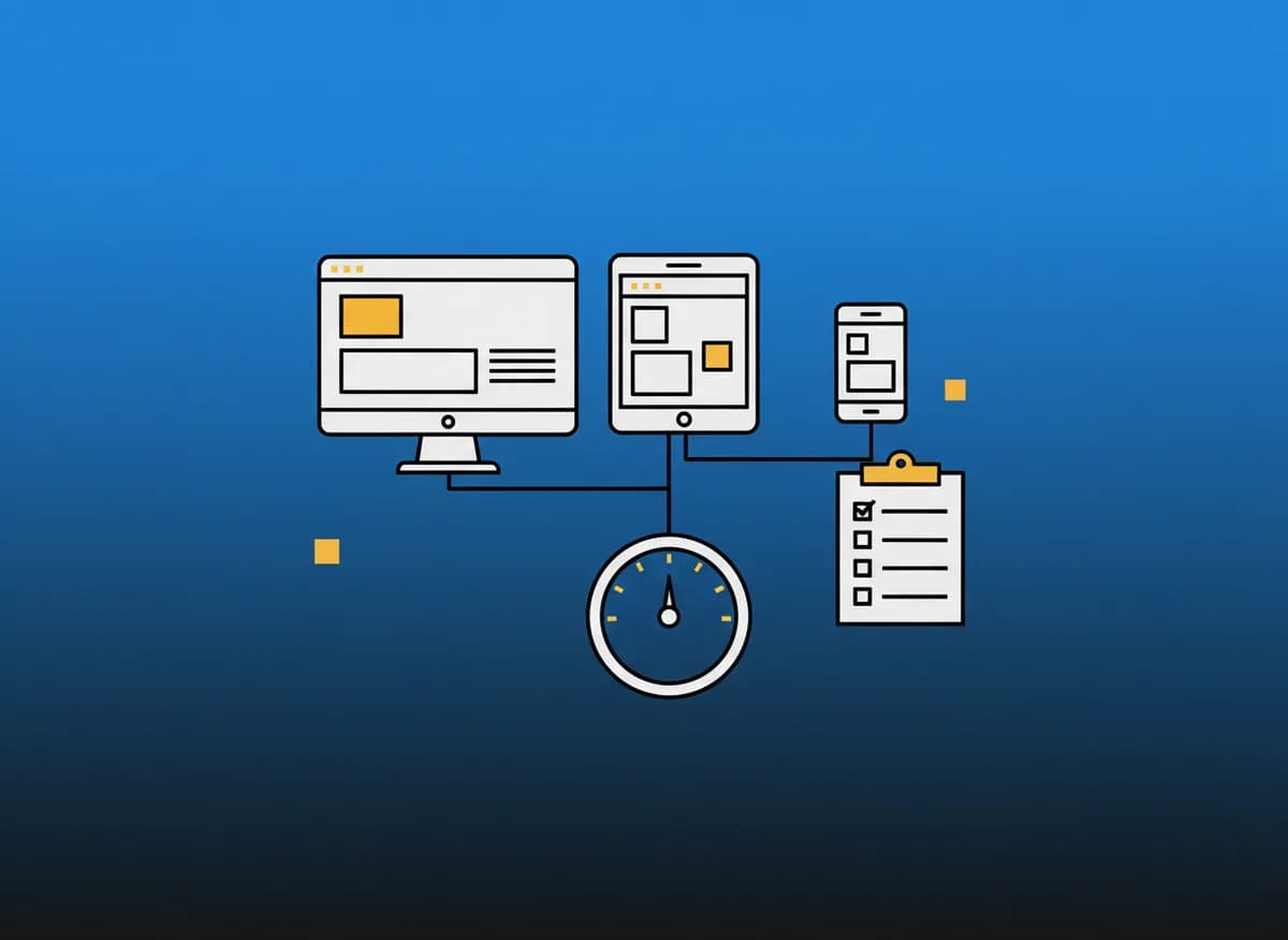 Responsive website wireframes on desktop, tablet and phone linked to a speed gauge and an accessibility checklist