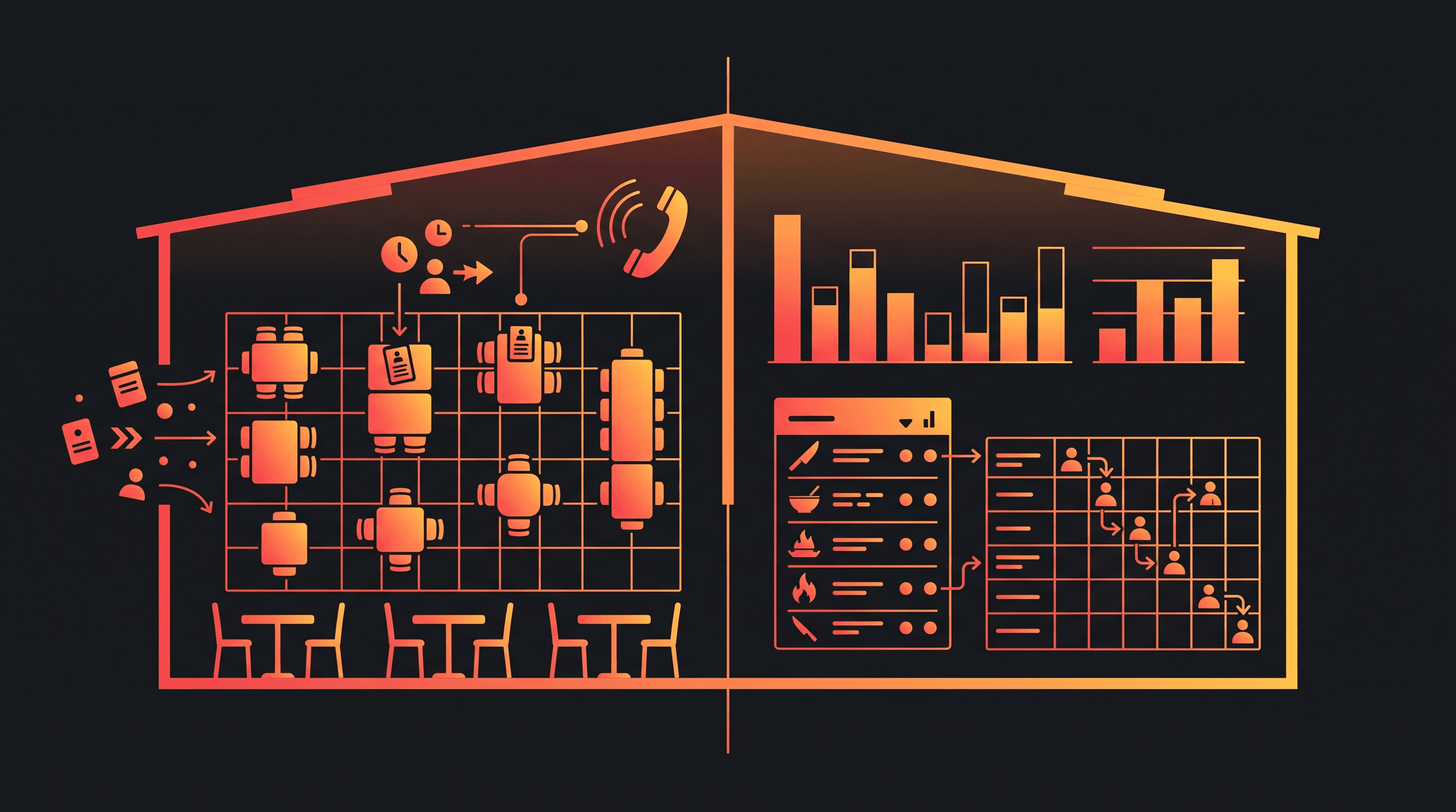A restaurant shown in cutaway: front of house with a table plan taking bookings and a call answered automatically, back of house with stock levels, a prep list and a self-arranging staff rota