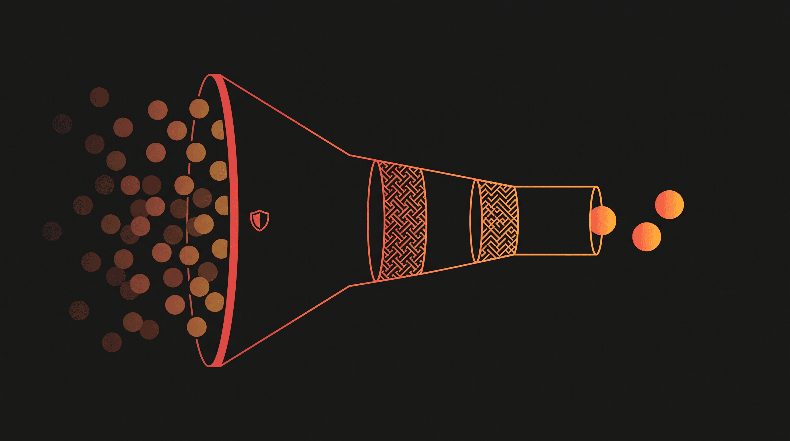 A wide funnel fed by many dim contact tokens, narrowing through scoring and enrichment filter bands to a few bright qualified leads, with a shield glyph marking consent