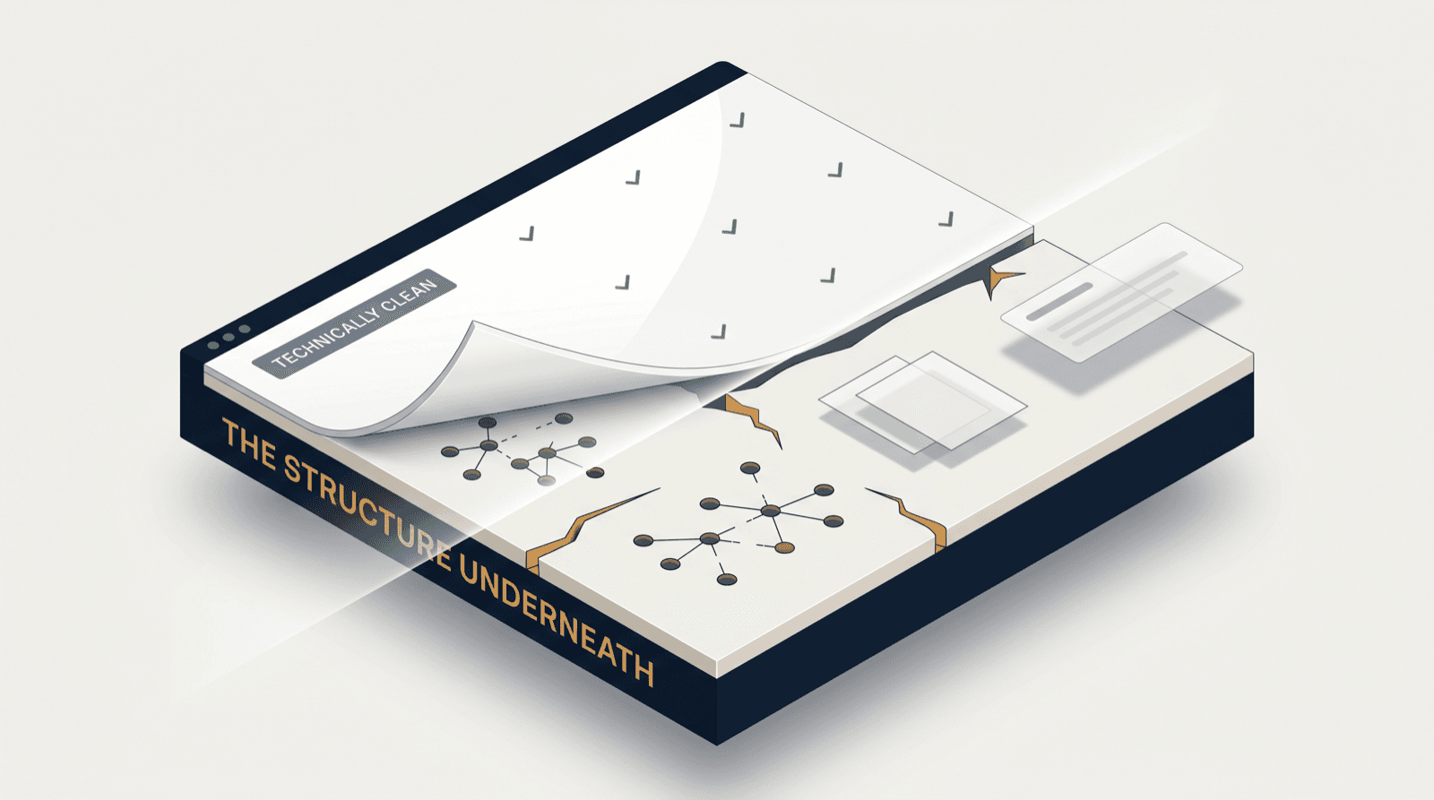 Cutaway of a web page: a glossy top layer marked with green technical-pass ticks is peeled back to reveal the hidden structural layer of sparse entity networks and overlapping pages underneath
