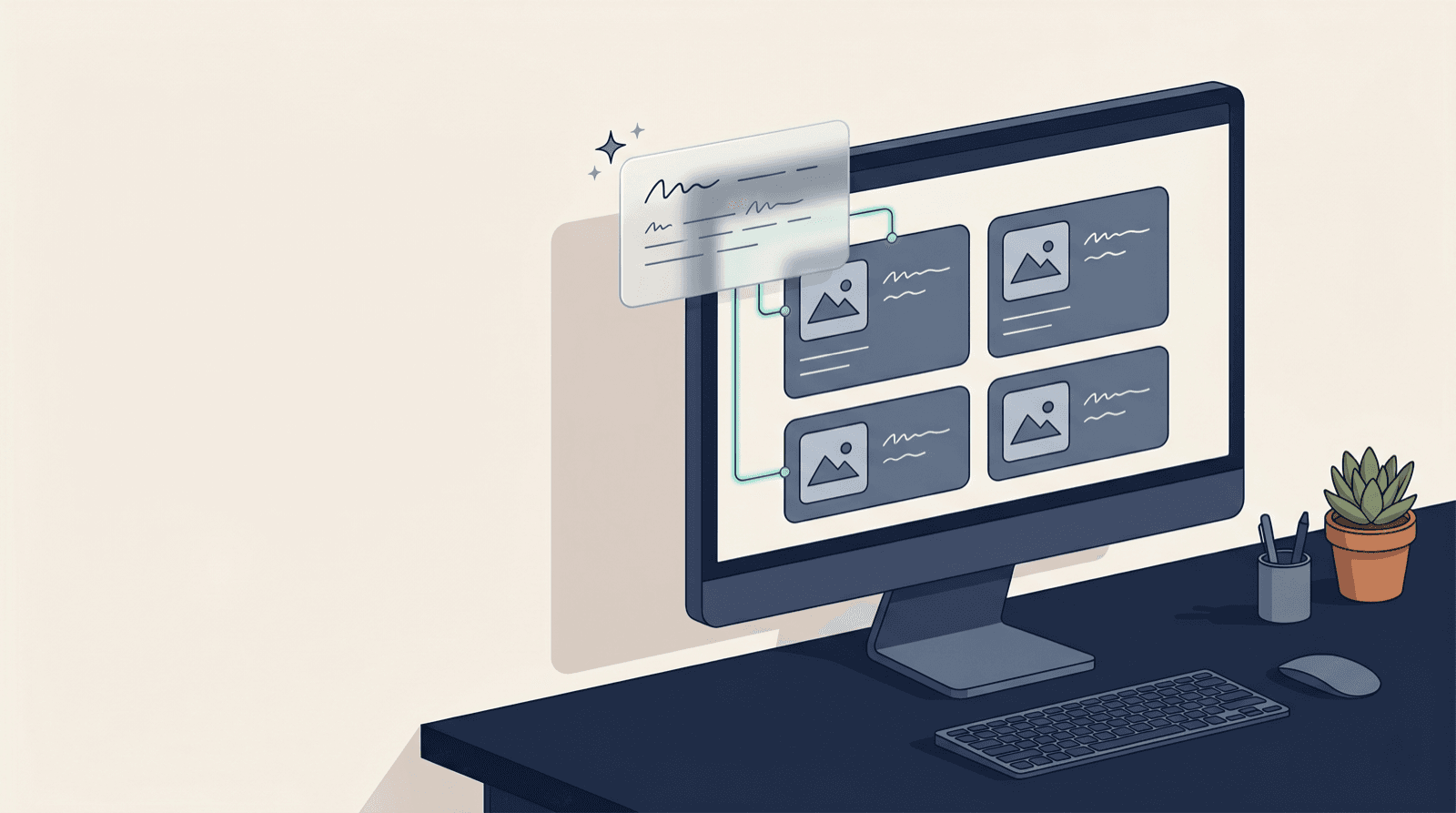 An ecommerce category page on a monitor feeding a floating AI Overview answer card via connector lines