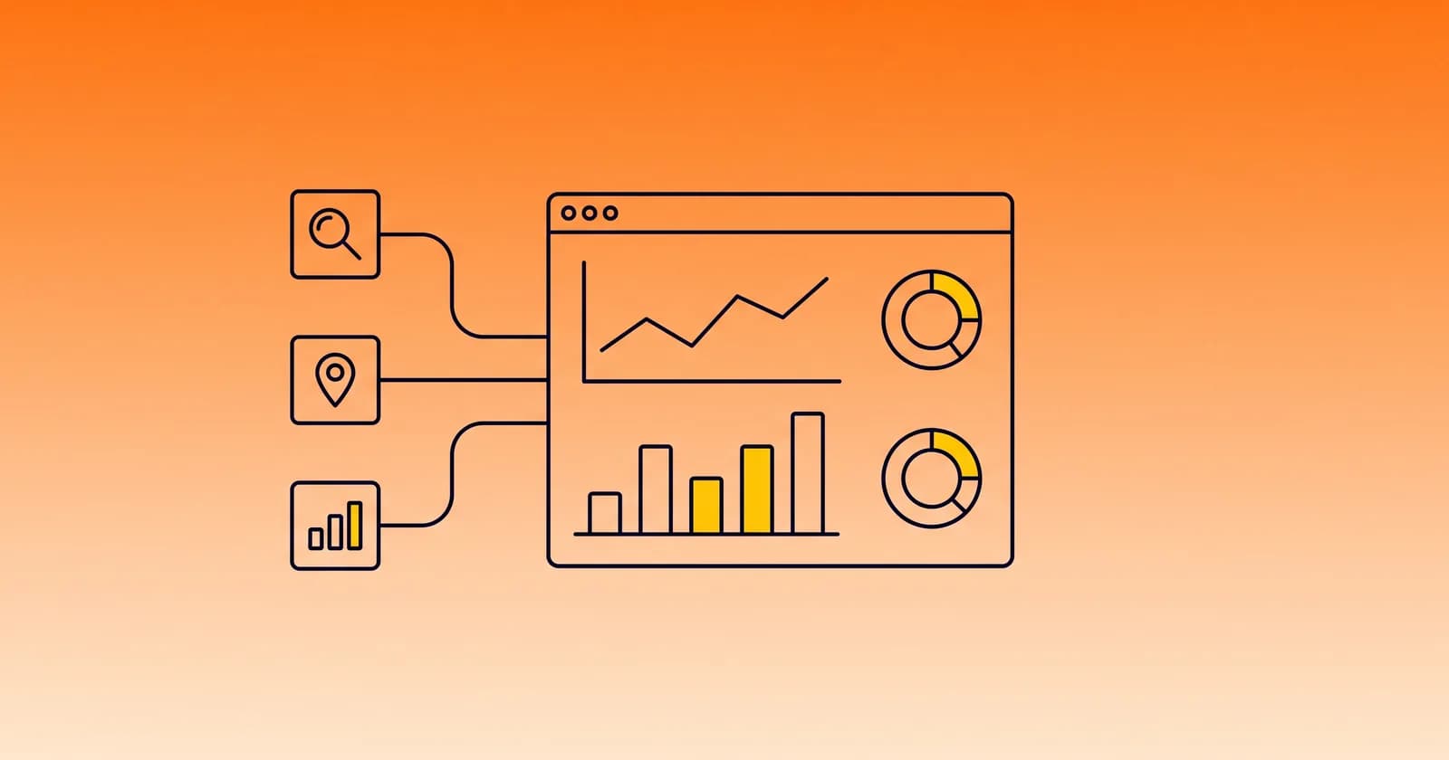 Automated SEO reporting illustrated as a bright dashboard of charts assembling itself from connected data sources