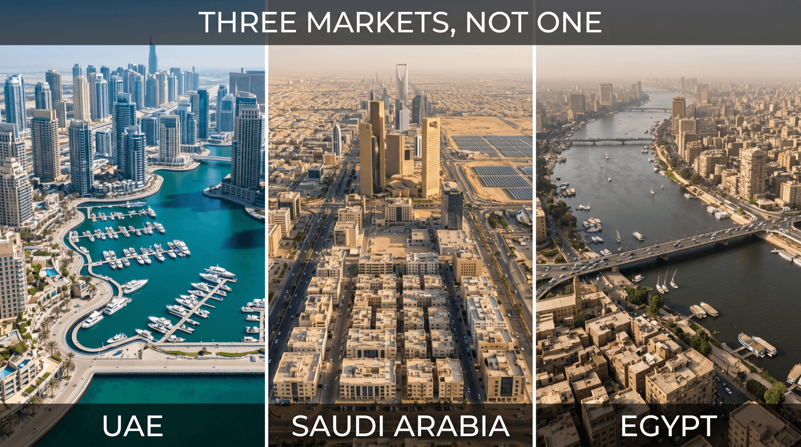 An aerial triptych of three markets: a UAE marina, the Riyadh skyline in Saudi Arabia, and a Cairo riverfront in Egypt, shown side by side