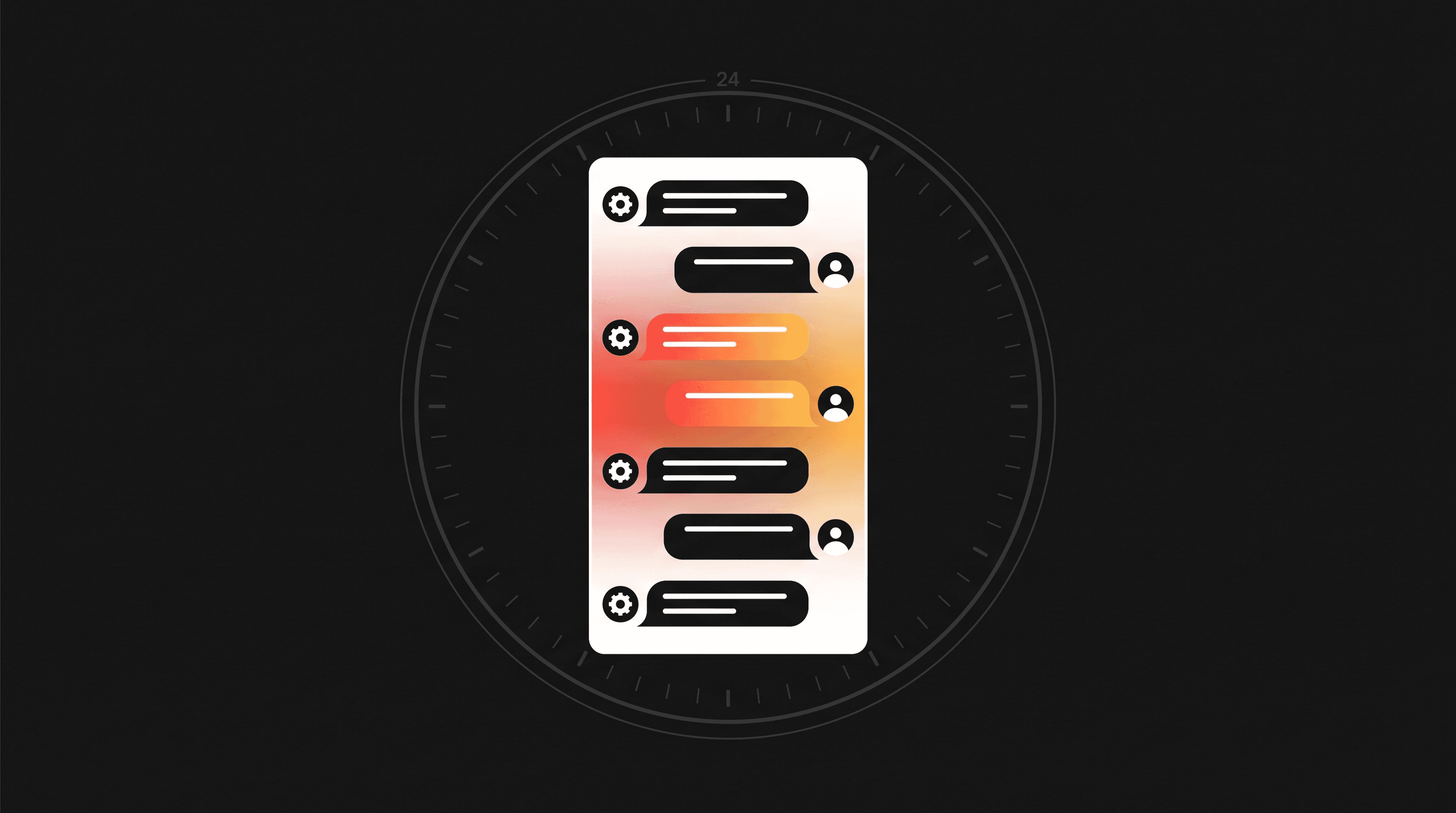 A mobile chat thread alternating between automated messages marked with a gear and human replies marked with a person icon, the handover point highlighted, framed by a 24 hour clock ring
