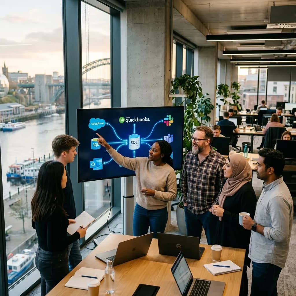 IT team reviewing system integrations on screen with Newcastle skyline view