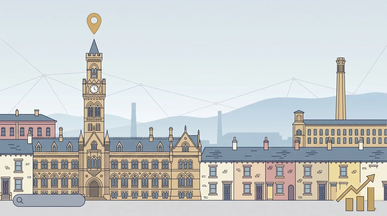 Flat vector illustration of the Bradford skyline with landmark architecture and subtle search and analytics motifs in the sky.