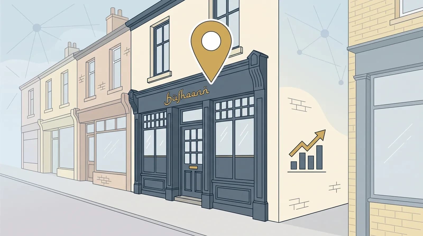 Flat vector illustration of Bradford at street level representing local search visibility for Bradford businesses.