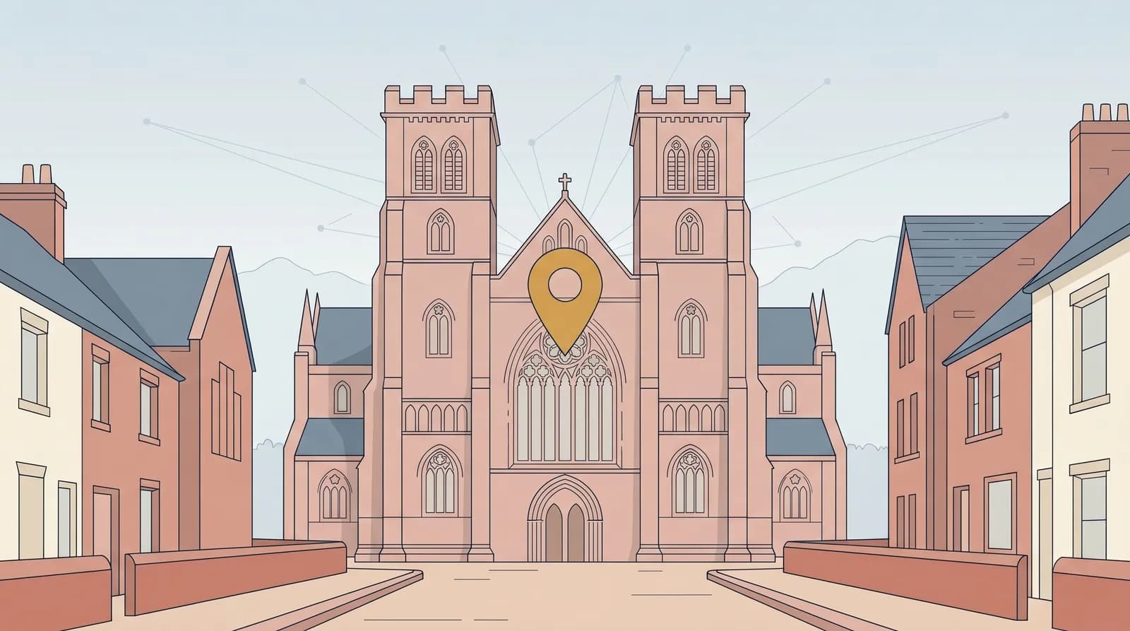 Carlisle Cathedral viewed from the city centre streets, local SEO and organic search for Cumbrian businesses