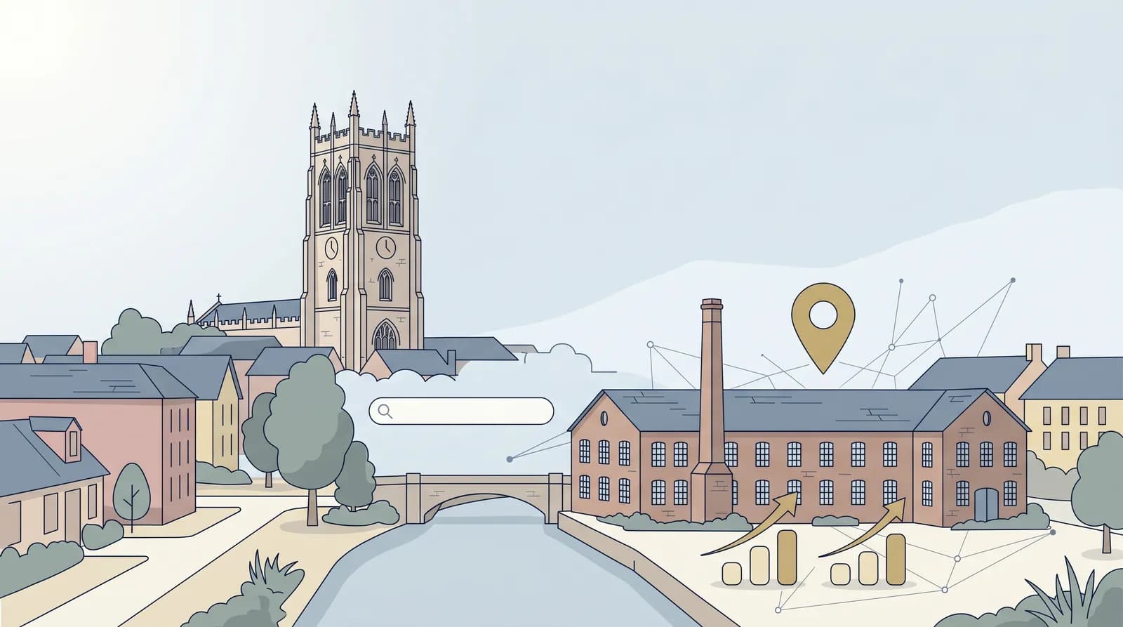 Flat vector illustration of Derby Cathedral tower and the Silk Mill on the River Derwent, with SEO chart motifs and a gold location pin