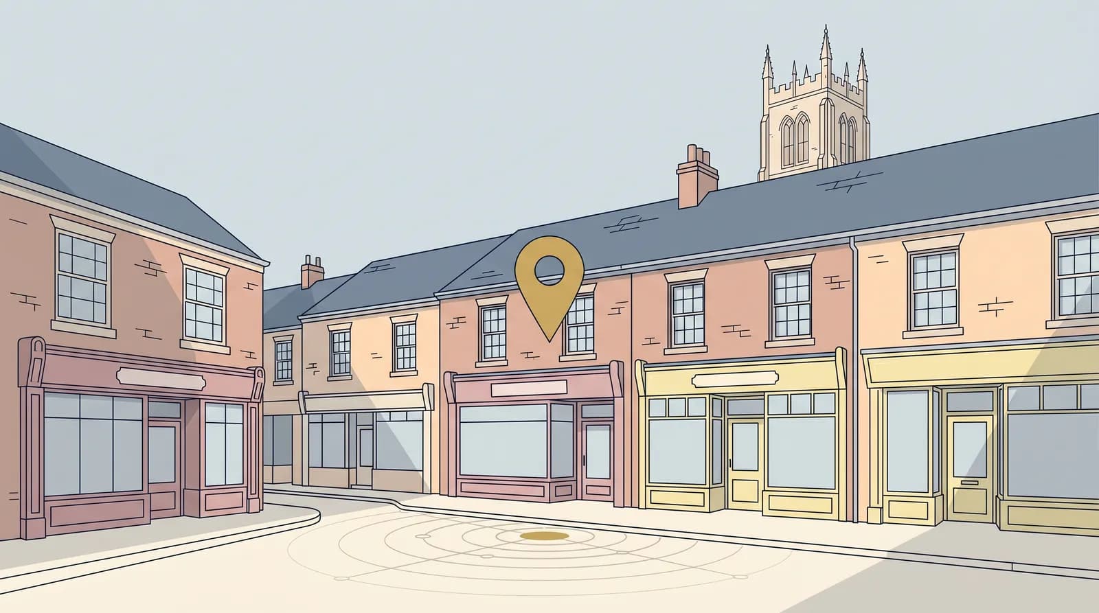 Street-level vector illustration of Derby city centre with a Google map pin and search bar motif representing local SEO for Derby businesses