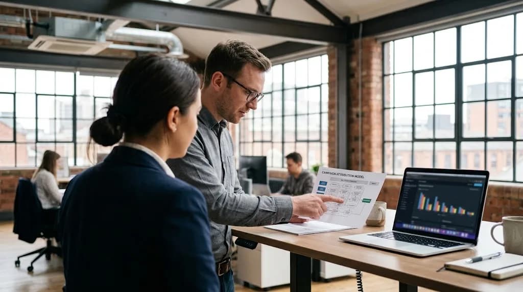 Two marketing professionals reviewing a campaign attribution plan in a Birmingham office with industrial-style windows, supporting B2B digital marketing strategy